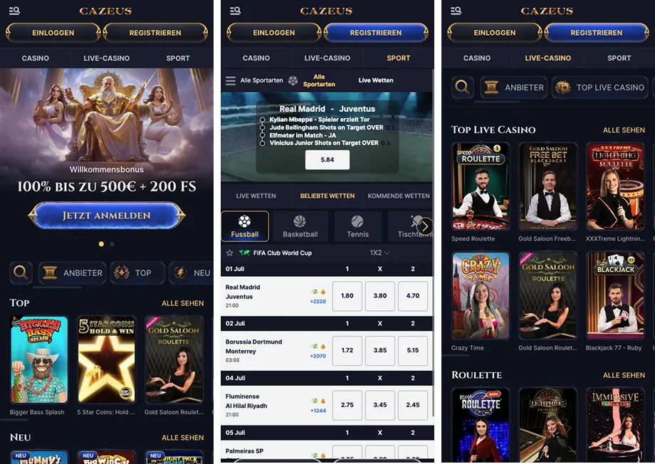 Zahlungsmethoden im Cazeus Casino Casino Mobile Schnittstelle