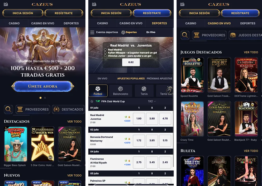 Métodos de pago en Cazeus Casino Interfaz móvil del Casino