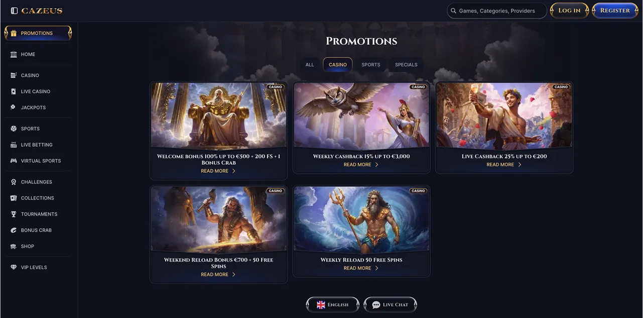 Game Selection at Cazeus Casino Promotions section at Cazeus Casino