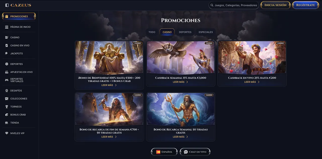 Selección de juegos en Cazeus Casino Selección de promociones en Cazeus Casino