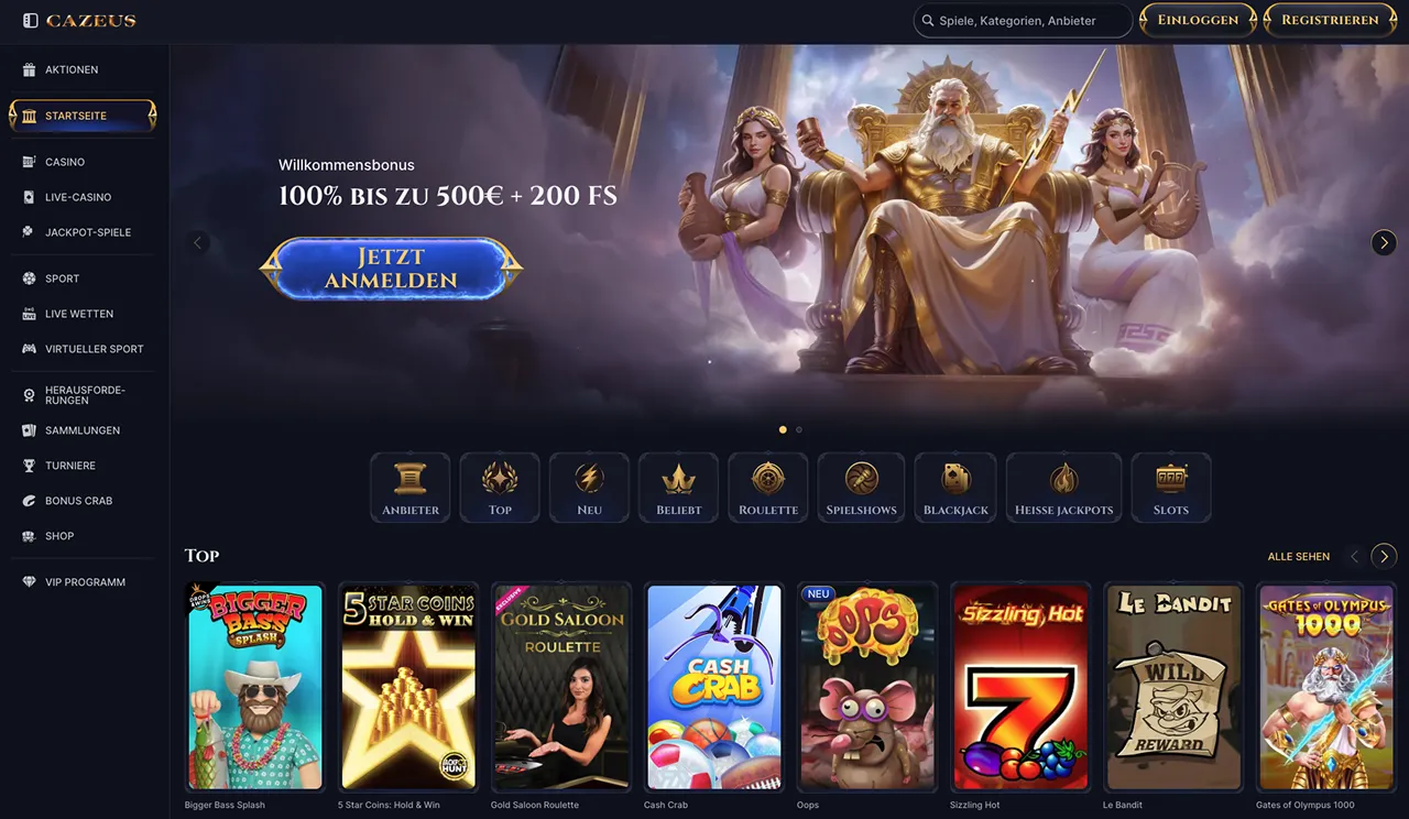 Boni und Promo-Codes bei Cazeus Spielauswahl im Cazeus