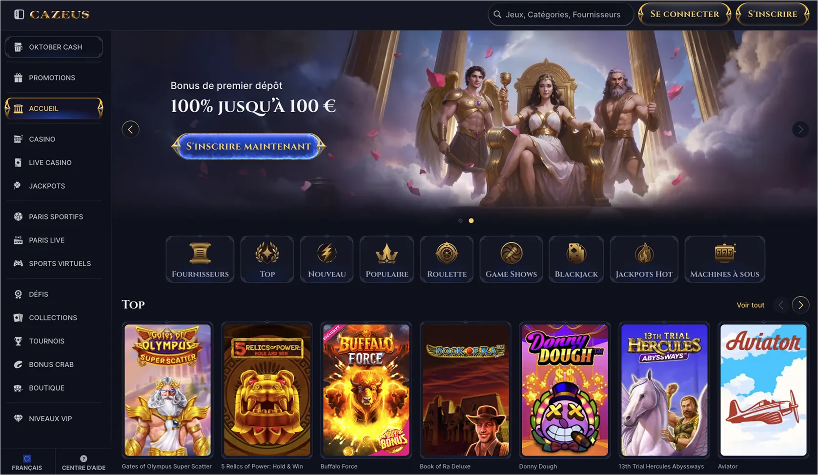 Bonus et Codes Promo chez Cazeus Sélection de jeux au Casino Cazeus