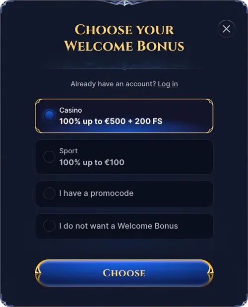 choose your welcome bonus in cazeus casino